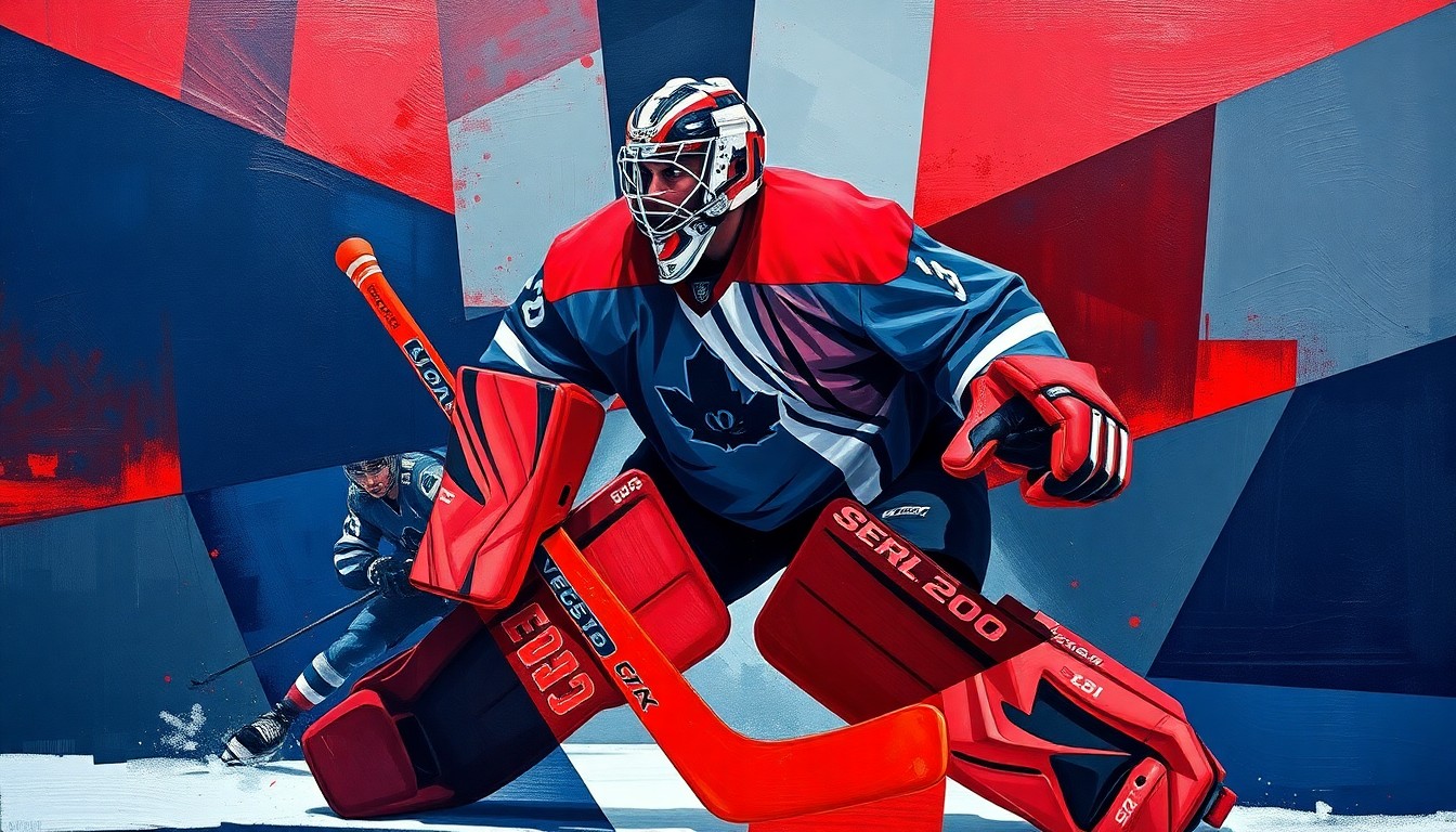 A fractured, cubist-style painting depicting a hockey goaltender in action, with their movements and equipment broken down into sharp, overlapping geometric shapes and planes in a vibrant color palette of navy, red, and gray, conveying the high-pressure and unpredictable nature of the situation.