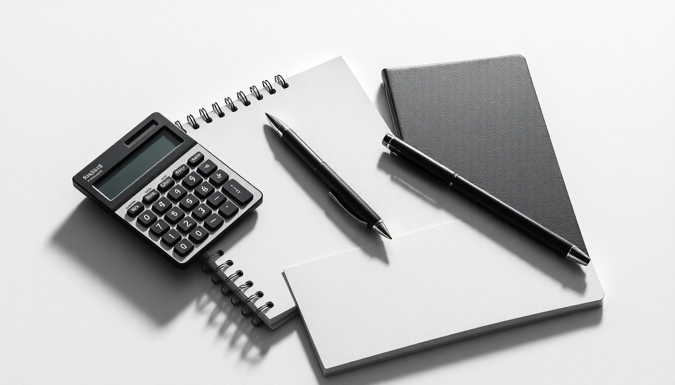 A photorealistic studio still life featuring a calculator, pen, and notebook arranged elegantly on a clean, monochromatic background, conveying the abstract concepts of corporate strategy and financial analysis.