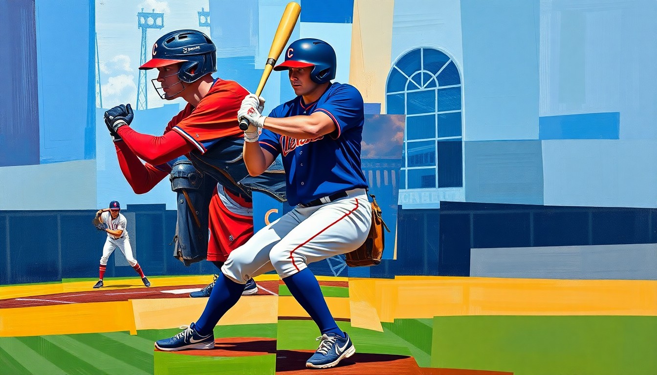 A cubist, geometric painting depicting a baseball player in motion, with sharp, overlapping planes of navy blue, red, and white representing the Cleveland Guardians' uniform colors.