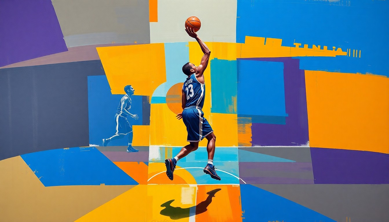 A fragmented, multi-angled painting depicting a basketball player's movements and positioning on the court, broken down into bold, overlapping geometric shapes and planes in a vibrant color palette, conceptually representing the versatility and energy a new transfer addition will bring to the Iowa State Cyclones.