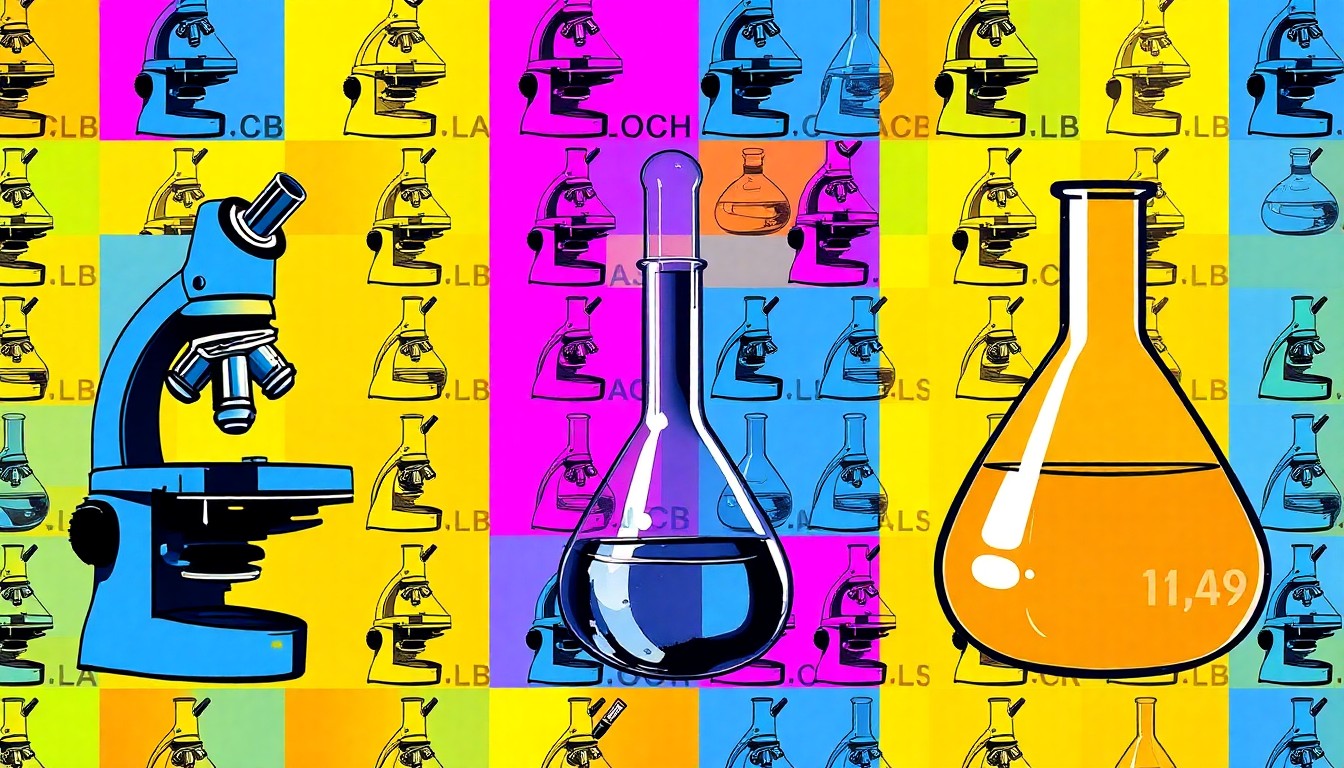 A brightly colored, high-contrast silkscreen print featuring repeated images of scientific equipment like a microscope, beaker, and Erlenmeyer flask, conceptually representing the legacy of Wingate's retiring science professors.