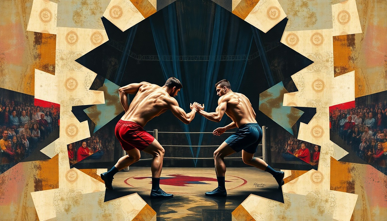 A cubist, geometric painting depicting a wrestling match or competition, with sharp, overlapping planes of color and shape representing the dynamic action of the sport.