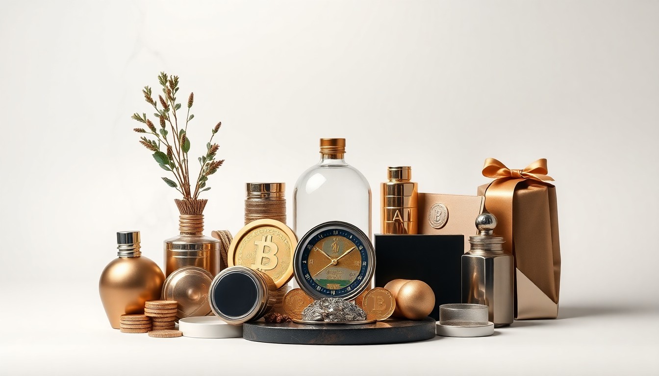 A high-end, photorealistic studio still-life photograph featuring a collection of premium, polished objects such as a small potted plant, a wooden gavel, and a stack of coins, arranged elegantly on a clean, monochromatic background to symbolize community development, economic growth, and local business support.