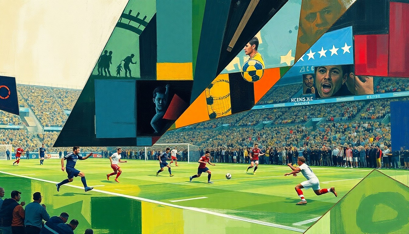 An abstract, cubist-style painting depicting a football game or match, with the players and field reduced to sharp, overlapping geometric shapes and planes of color, conveying the strategic shift in the Steelers' receiving corps.
