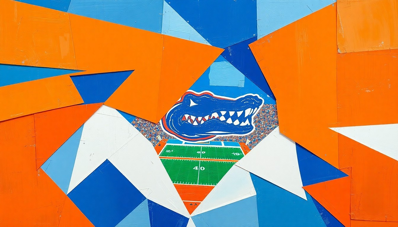 A cubist, geometric painting depicting a Florida football game, with sharp, overlapping planes of orange, blue, and white representing the players, field, and crowd in an abstract, deconstructed style.
