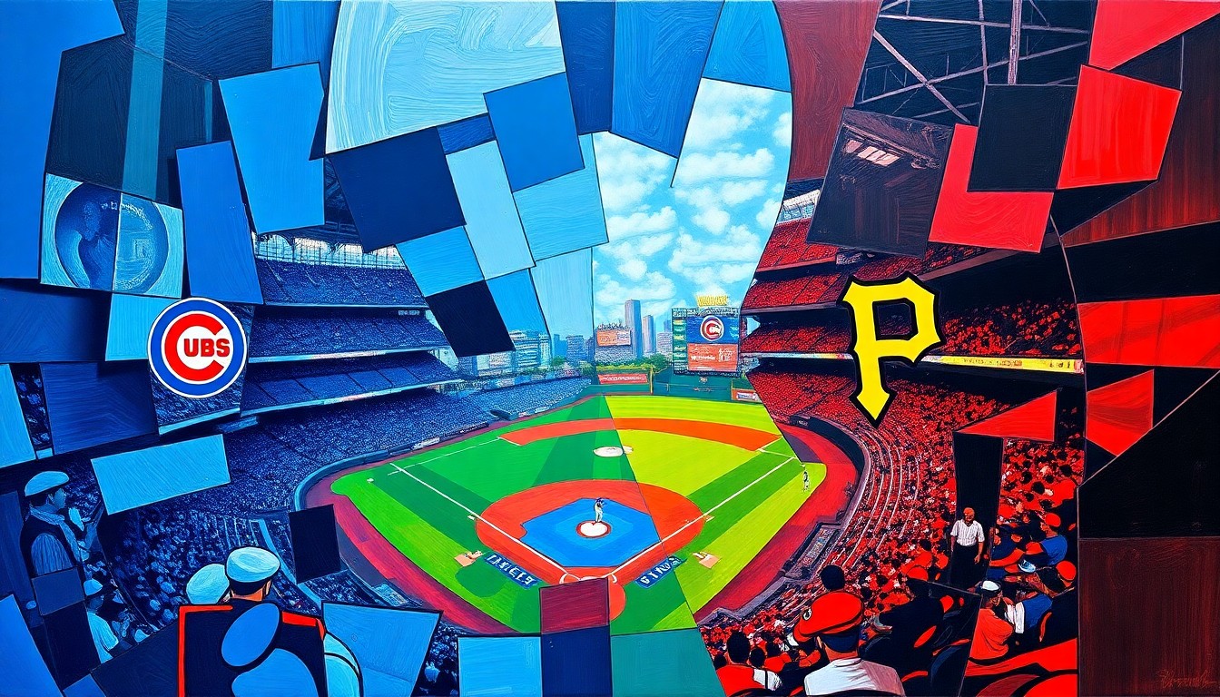A fractured, geometric painting depicting a baseball game between the Chicago Cubs and Pittsburgh Pirates, with sharp overlapping planes of vibrant colors representing the dynamic action on the field.
