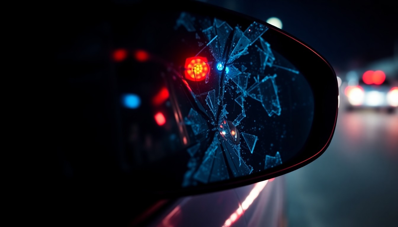 An extreme close-up photograph of a shattered car side mirror reflecting the faint glow of red and blue emergency lights, conceptually illustrating the aftermath of a high-speed collision.