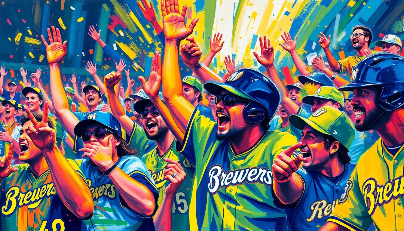 An abstract, energetic painting featuring bold brushstrokes in neon shades of blue, green, and orange, conceptually representing the excitement and joy of Milwaukee Brewers fans celebrating the team's new City Connect uniforms.
