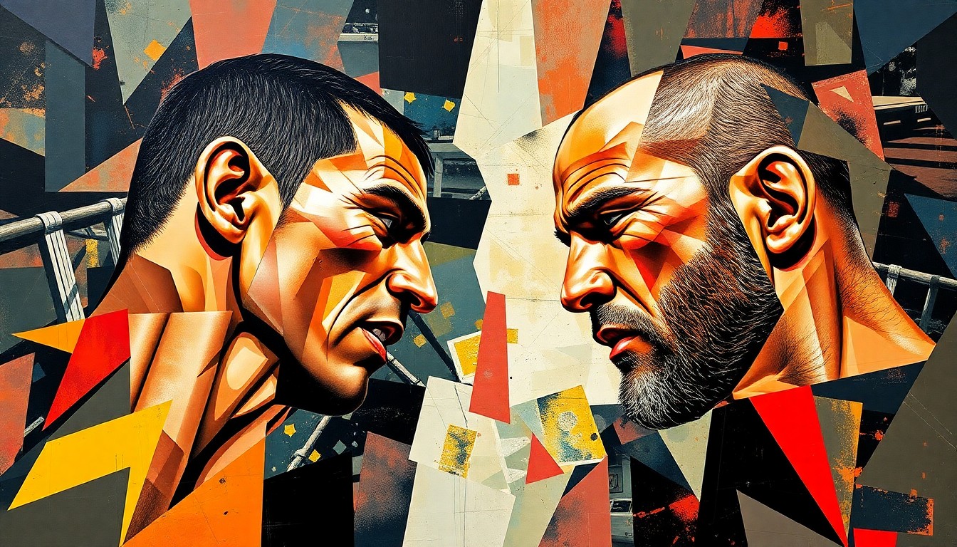 A cubist, geometric painting depicting the UFC 327 light heavyweight title fight between Jiri Procházka and Carlos Ulberg, with overlapping planes and shapes representing the dynamic and unpredictable nature of the matchup.