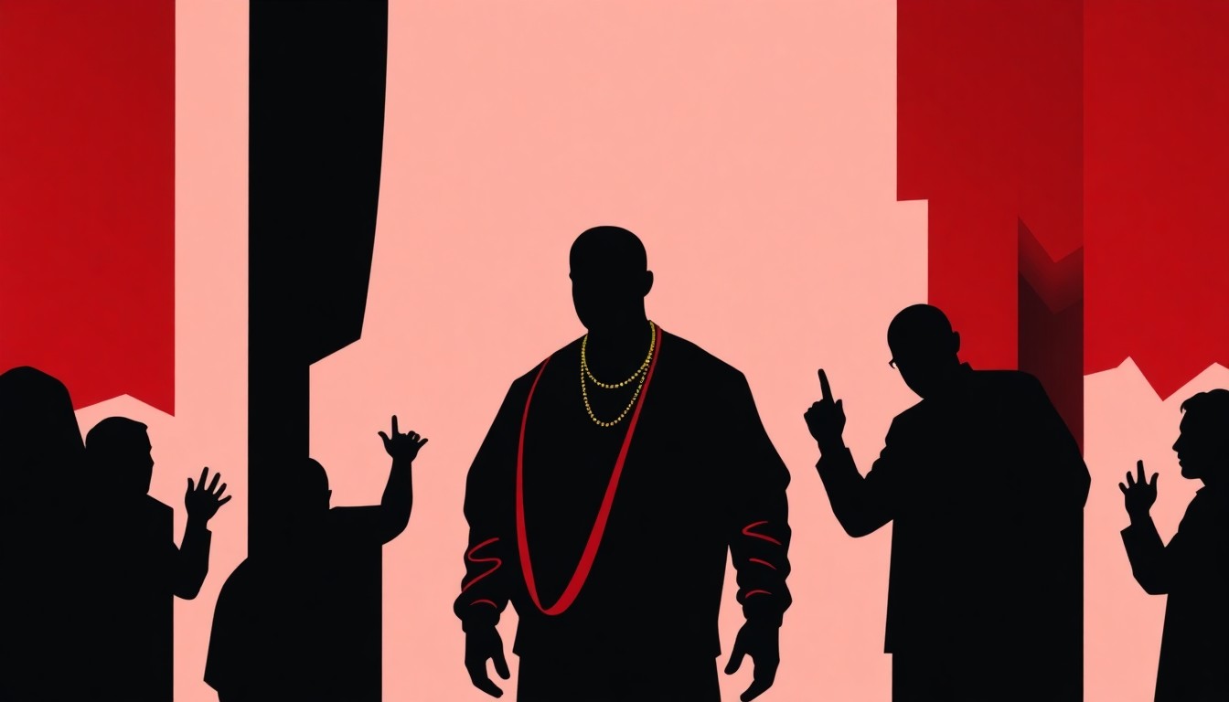 An abstract, minimalist illustration featuring stark, jagged black silhouettes and muted, high-contrast colors, conceptually representing the divisive public reaction to Kanye West's controversial comeback.