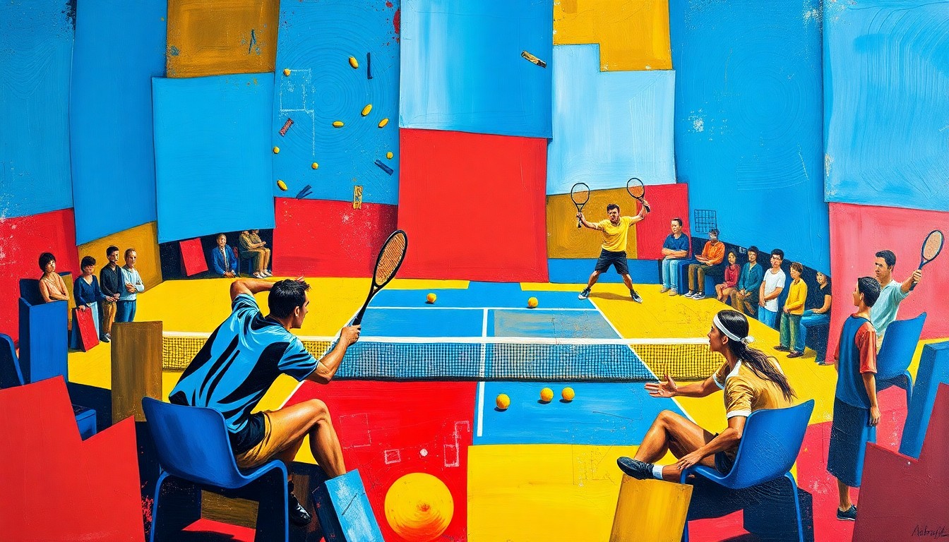 A fractured, geometric painting in vibrant blues, reds, and yellows, breaking down a tennis match into sharp, overlapping planes, conceptually representing the strategic and experience-driven nature of Pegula's game.