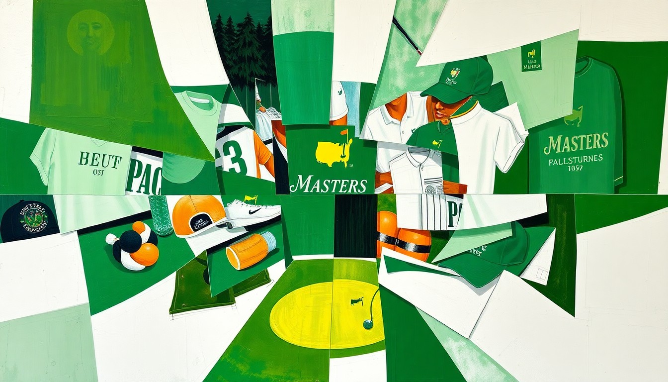 A cubist, geometric painting depicting various Masters-branded merchandise items, including golf clubs, apparel, and home decor, in a fractured, multi-perspective style.