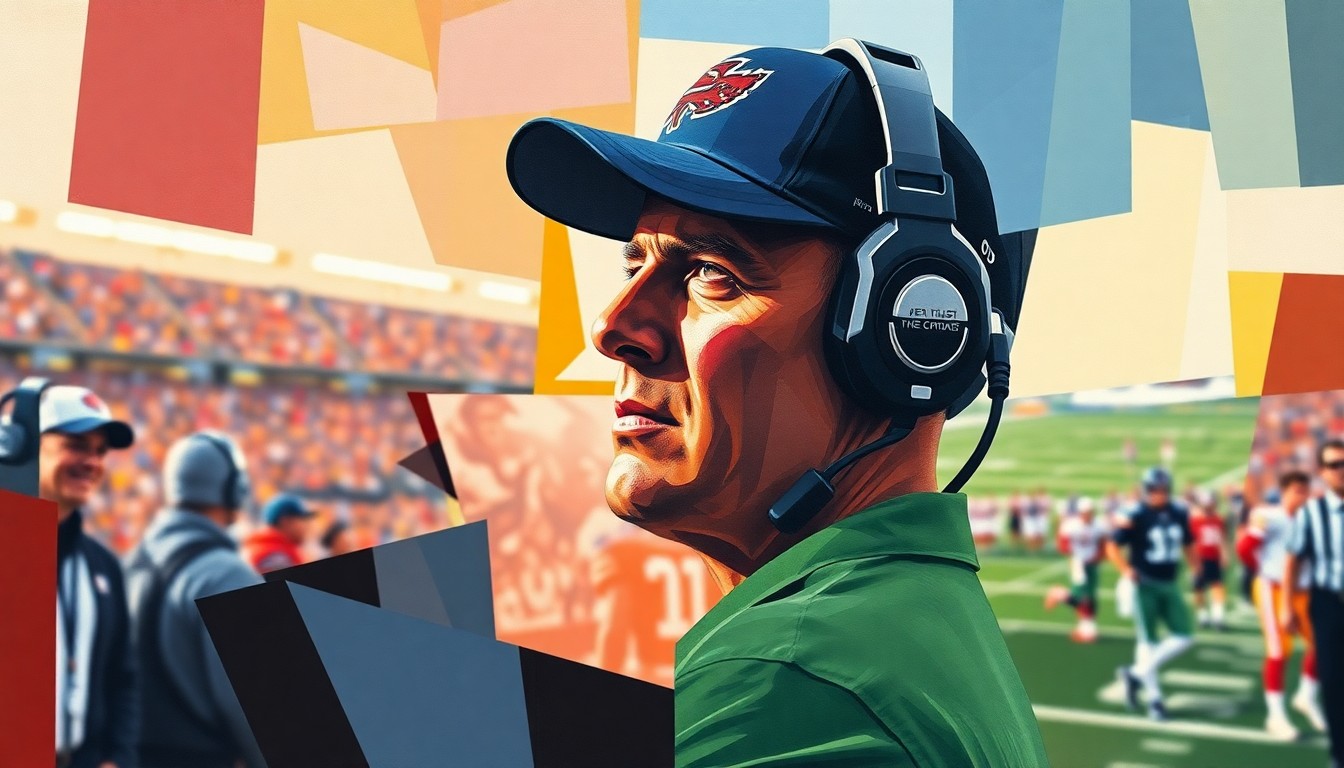 A fractured, multi-perspective painting in the abstract style of Pablo Picasso, breaking down the dynamic movements and competitive energy of a football coach on the sidelines into sharp, overlapping geometric planes and shapes in a vibrant color palette.