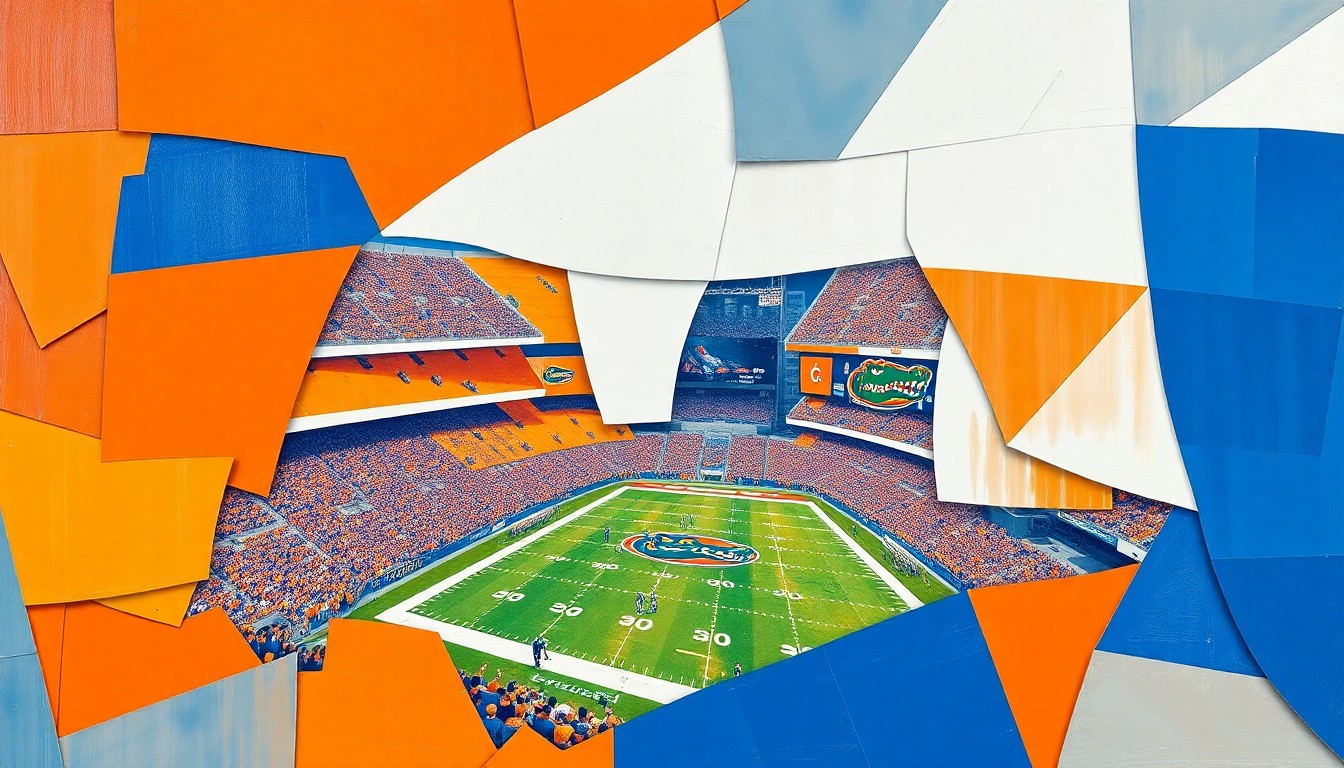 A cubist-style painting depicting a Florida football game, with the players and field broken down into sharp, overlapping geometric shapes in shades of orange, blue, and white.