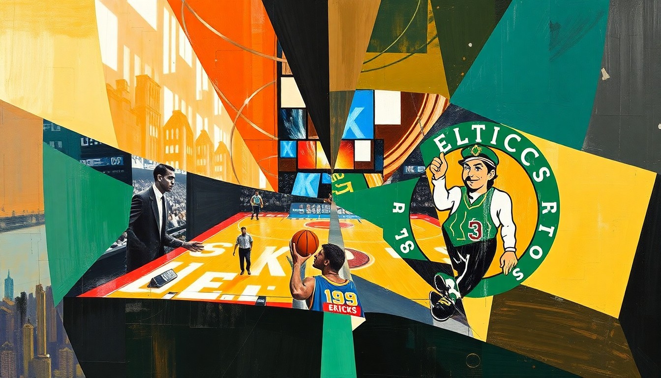 A cubist, geometric painting depicting a basketball game or match between the New York Knicks and Boston Celtics, with the players and court broken down into sharp, overlapping planes of color and shape.
