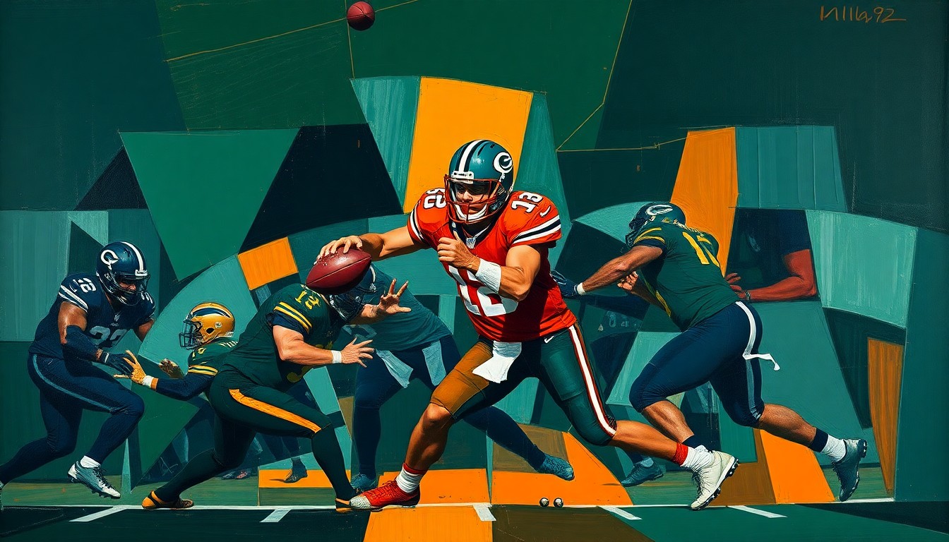 A fragmented, geometric painting depicting a football player in motion, with sharp planes of navy, green, and orange overlapping to create a dynamic, abstract composition.