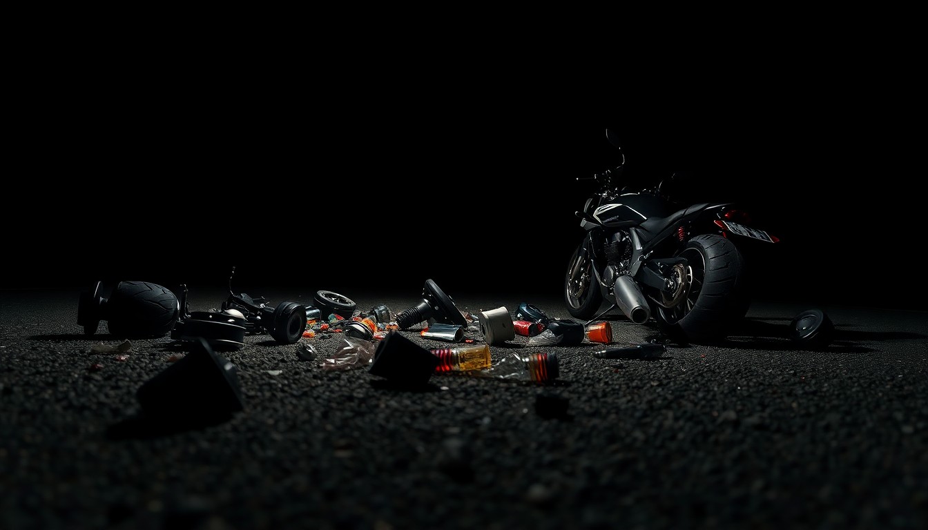 An extreme close-up photograph of motorcycle parts and debris scattered on the pavement, creating a stark, gritty, investigative aesthetic that conceptually illustrates the aftermath of a serious collision.