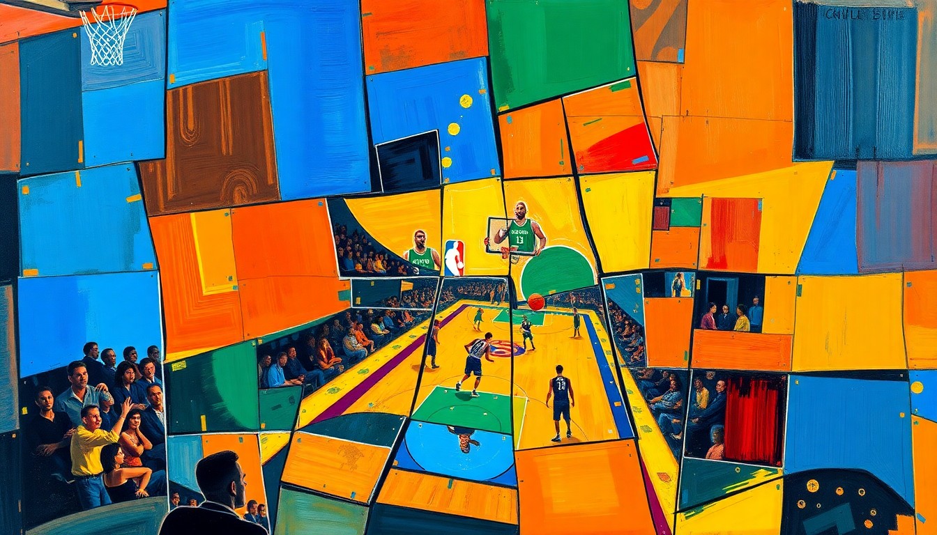 A cubist, geometric painting depicting an abstract basketball game or NBA draft lottery scene, with sharp, overlapping planes of vibrant colors like royal blue, sunset orange, and emerald green, conceptually representing the high-stakes nature of the Nets' draft position.
