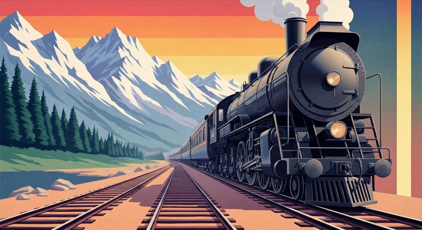 A bold, geometric illustration in the Art Deco style depicts a towering steam locomotive against a sweeping mountain landscape, capturing the scale and power of vintage rail travel.