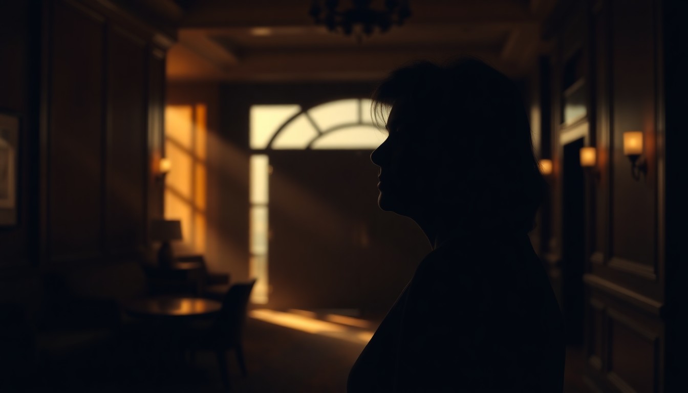 A cinematic painting of a solitary woman in a dimly lit hotel lobby, bathed in warm, diagonal sunlight and deep shadows, capturing the emotional weight of a political spouse navigating a high-profile controversy.