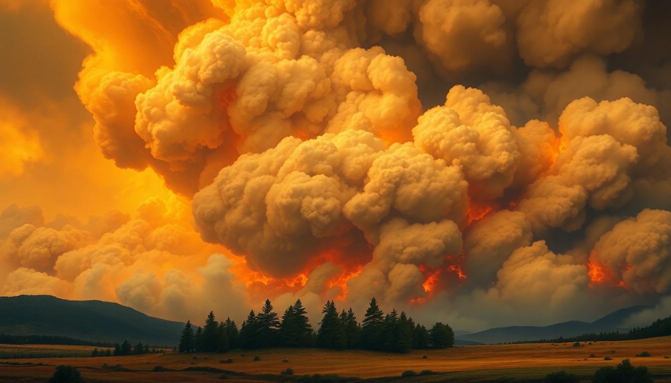 A dramatic landscape painting in the style of Caspar David Friedrich, depicting a massive wall of billowing smoke and flames consuming a small stand of trees, conveying the overwhelming power of a natural disaster.