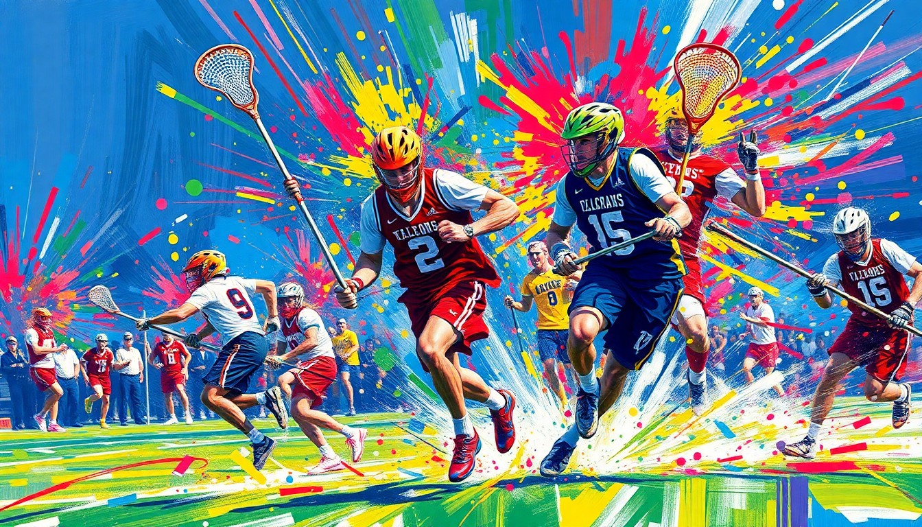 An abstract expressionist painting in vibrant neon colors, capturing the dynamic motion and raw energy of a men's lacrosse game through sweeping brushstrokes and fragmented, dissolving forms.