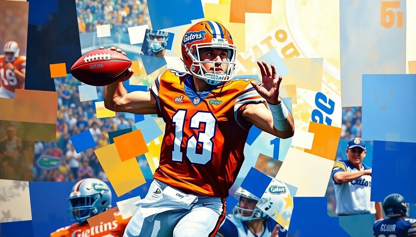 A fragmented, geometric painting depicting a Florida football player in mid-throw, the action broken down into sharp, overlapping planes of bright orange, blue, and white colors.
