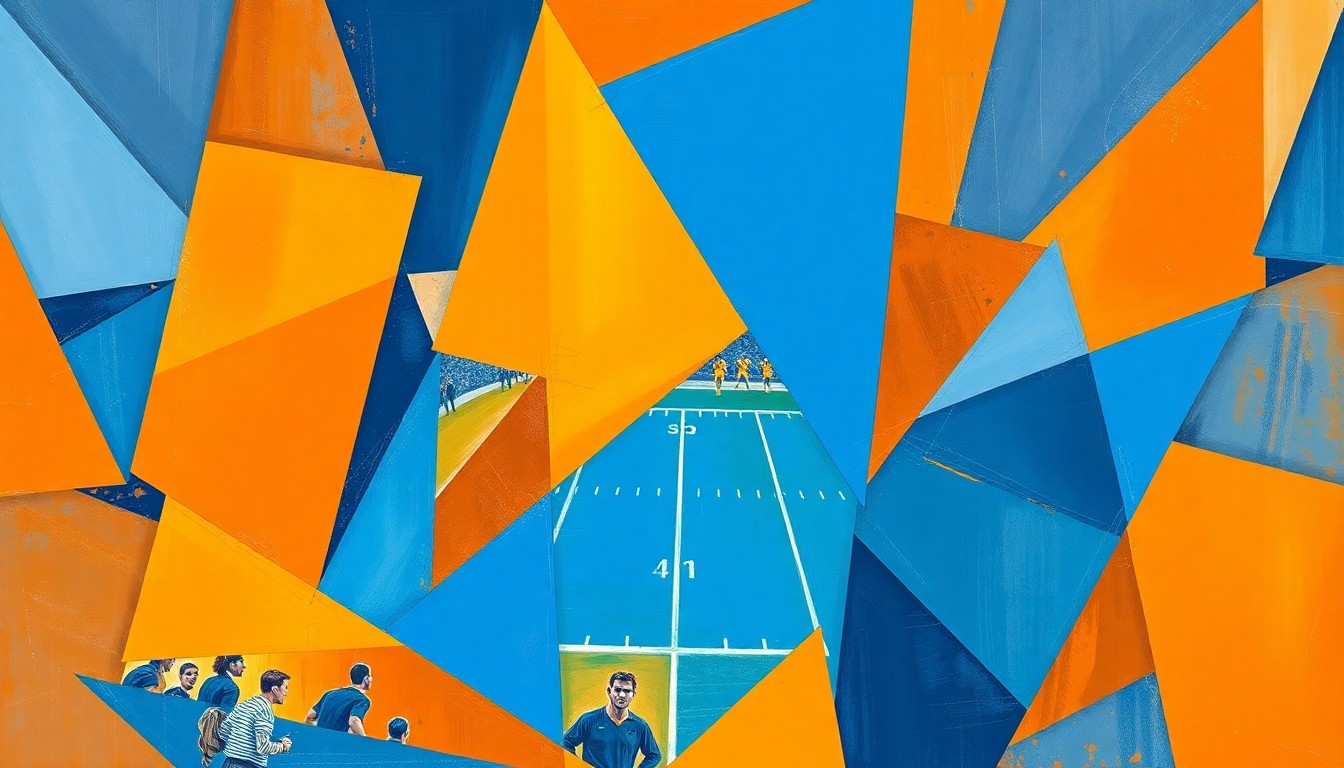 A cubist-style painting featuring overlapping geometric shapes and planes in shades of orange and blue, conceptually representing the energy and action of a college football game.