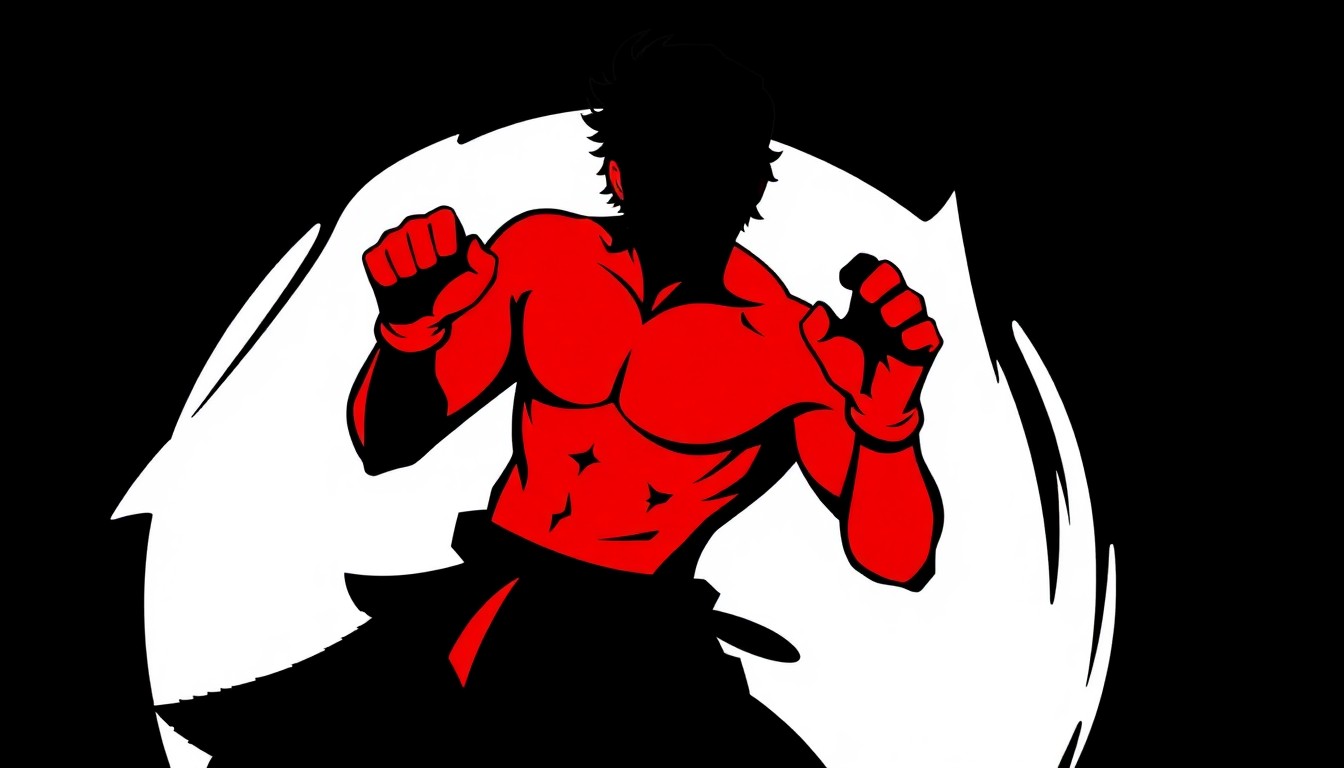 A striking black silhouette of a person in a fighting stance, with sharp, angular edges and bold splashes of red, conceptually representing the larger-than-life personality of the Dead or Alive creator.