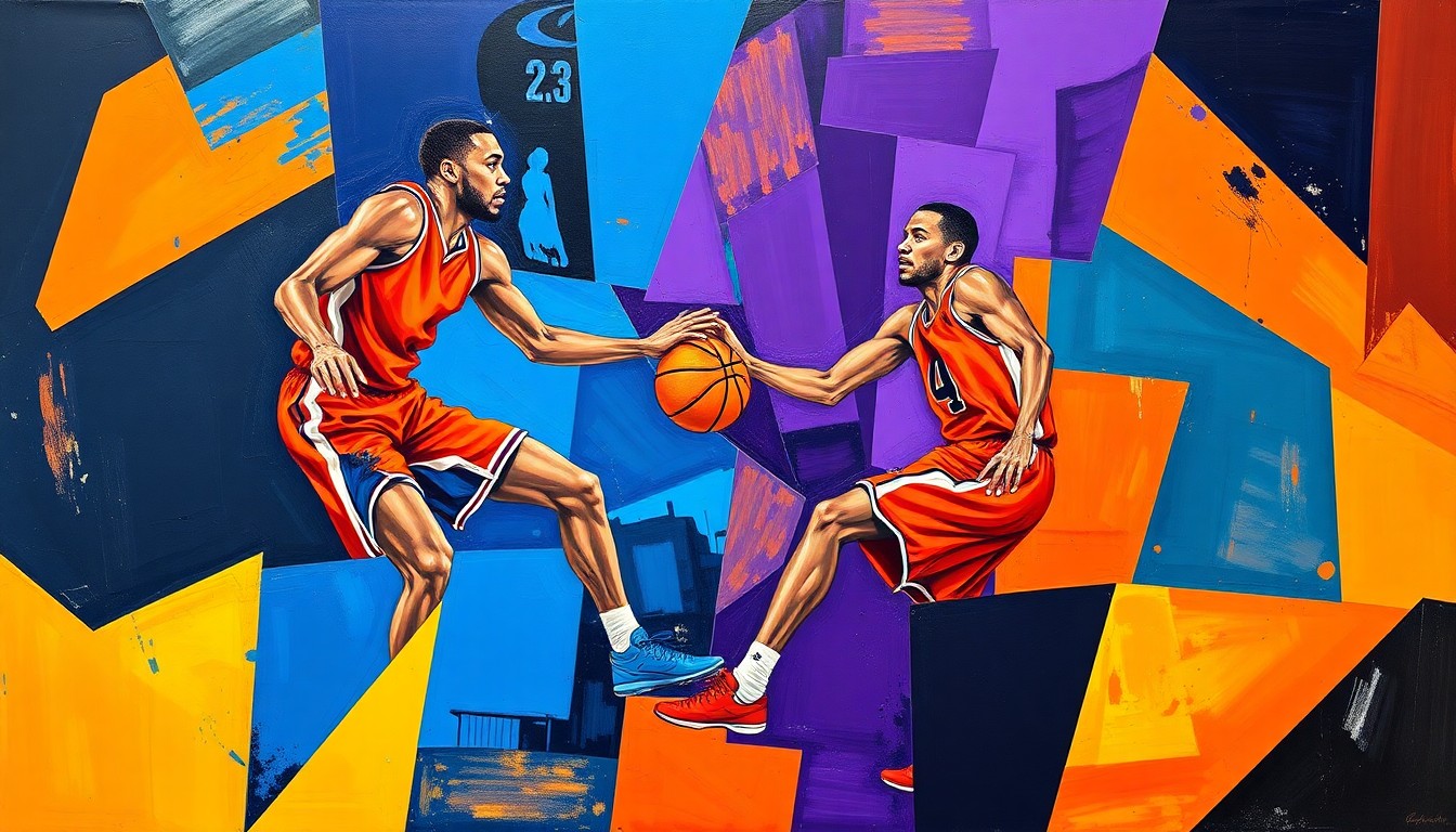 A fragmented, geometric painting depicting the dynamic interplay between two NBA players in motion, with sharp planes of color and overlapping perspectives conveying the intensity of their matchup.