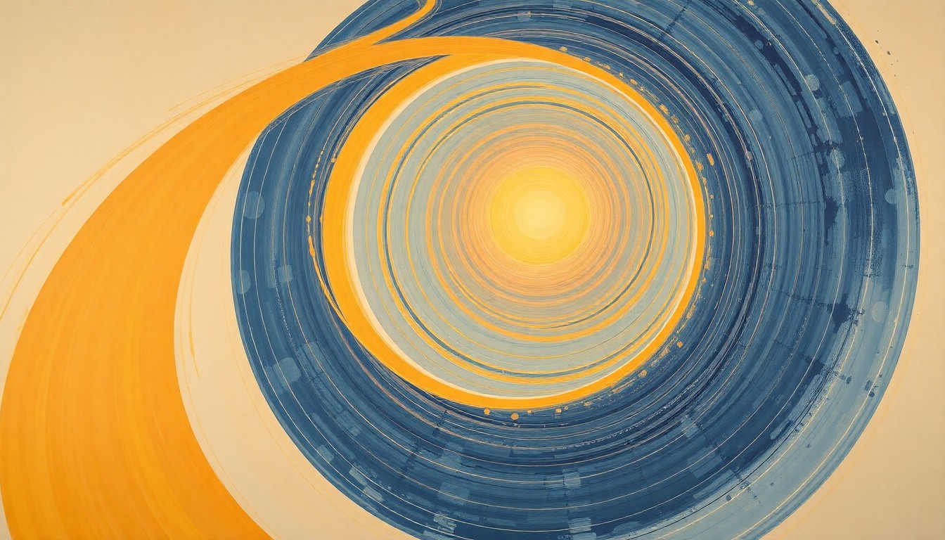 A bold, abstract painting in the style of Hilma af Klint, depicting the sweeping, spiraling path of Comet Pan-STARRS as it approaches the sun, represented through intersecting geometric arcs and concentric circles in earthy tones of ochre, sienna, and indigo against a pale blue background, conveying the structural order and beauty of the comet's celestial journey.