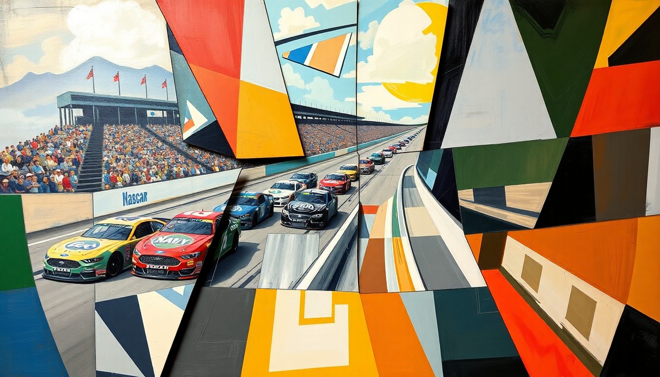 A cubist, geometric painting depicting a fragmented NASCAR race scene, with cars and the track broken down into sharp, overlapping planes of color and shape, conveying the disruption caused by the technical inspection failures.