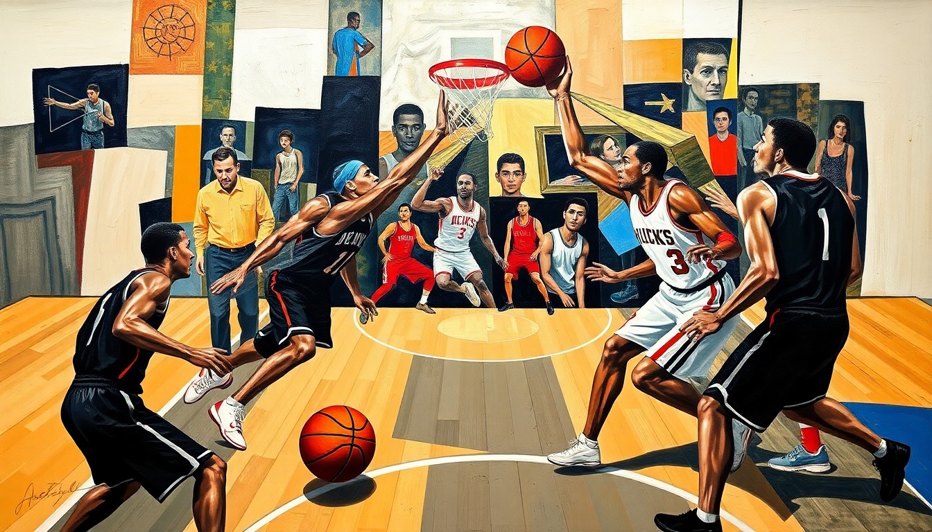 A cubist-style painting depicting the fragmented forms of basketball players engaged in an intense confrontation on the court, with the ball and court lines creating a sense of dynamic movement and tension.