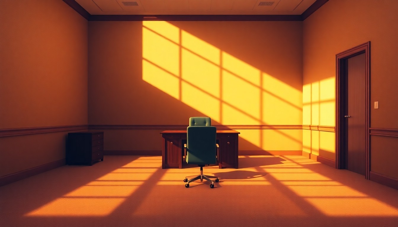 A cinematic painting of a solitary government office space, with a single chair and desk as the only focal point, bathed in warm, diagonal sunlight and deep shadows, conveying a sense of quiet contemplation and the weight of political decisions.