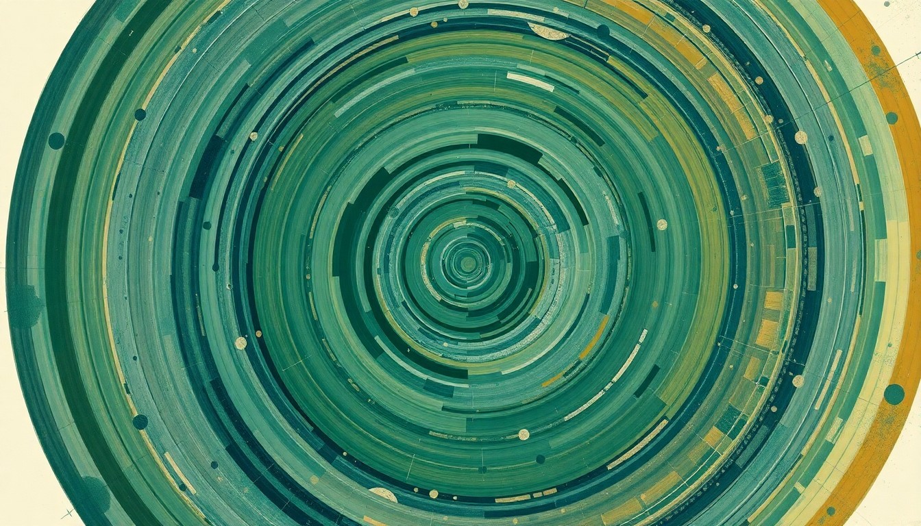 A highly structured abstract painting in earthy tones of green, blue, and brown, featuring sweeping geometric arcs, concentric planetary circles, and precise botanical spirals, conceptually representing the complex forces and technologies behind NASA's Artemis program and future lunar missions.