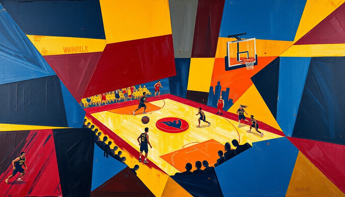 A cubist, geometric painting depicting a fragmented WNBA basketball game, with sharp planes of navy, maroon, and gold overlapping to create a sense of motion and energy on the court.