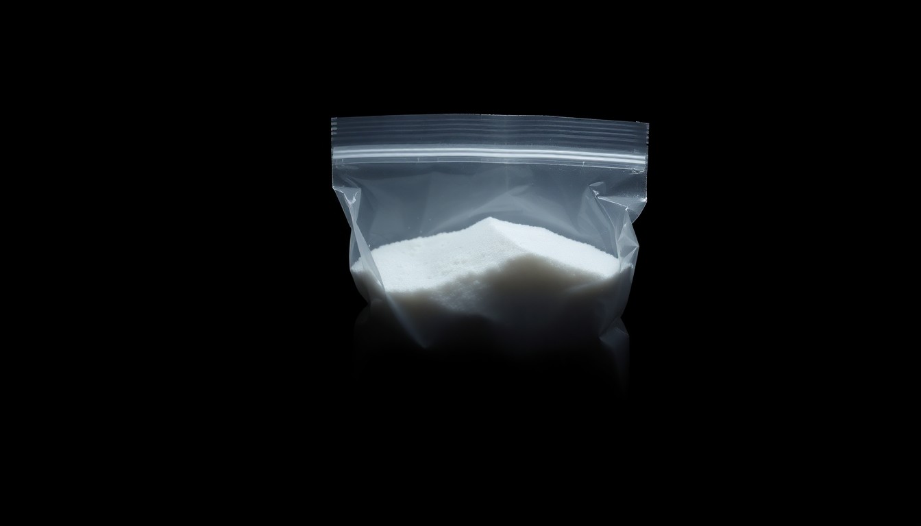 An extreme close-up of a small plastic bag containing a white powdery substance, dramatically lit by a harsh camera flash against a dark background, conceptually representing the drug charges faced by the Cowboys player.
