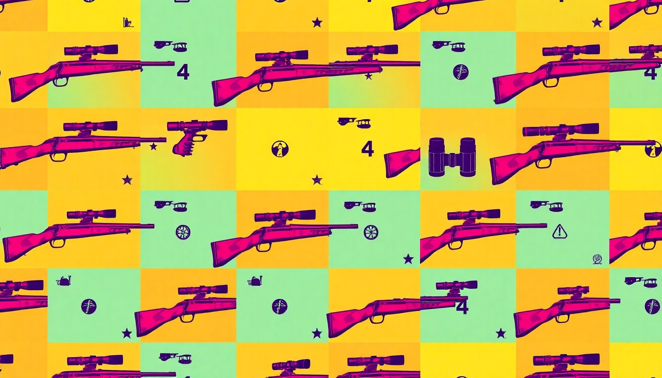 A vibrant, high-contrast silkscreen print of a hunting rifle repeated in a grid pattern, conceptually representing the diverse equipment and gear used by Pennsylvania hunters.