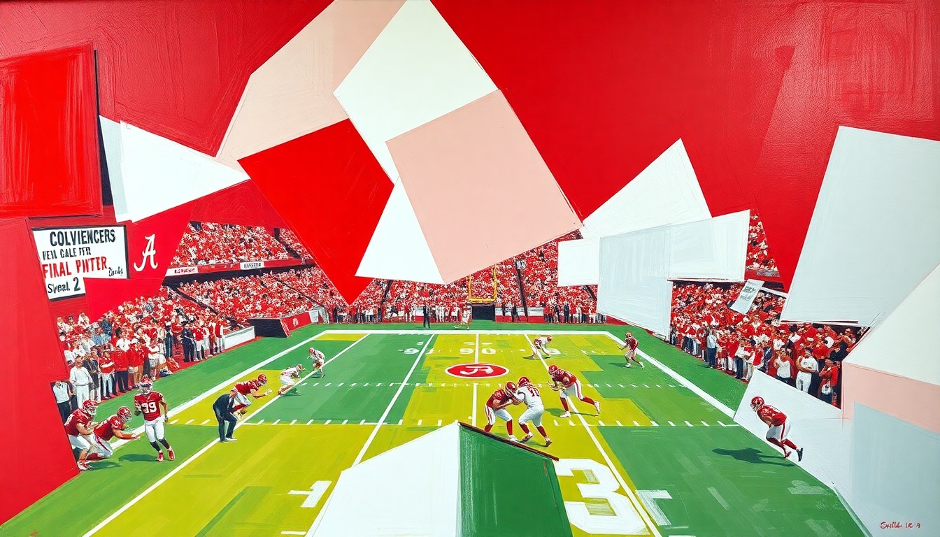 A cubist, geometric painting depicting the action of a college football game, with players and the field broken down into sharp, overlapping planes of crimson and white.
