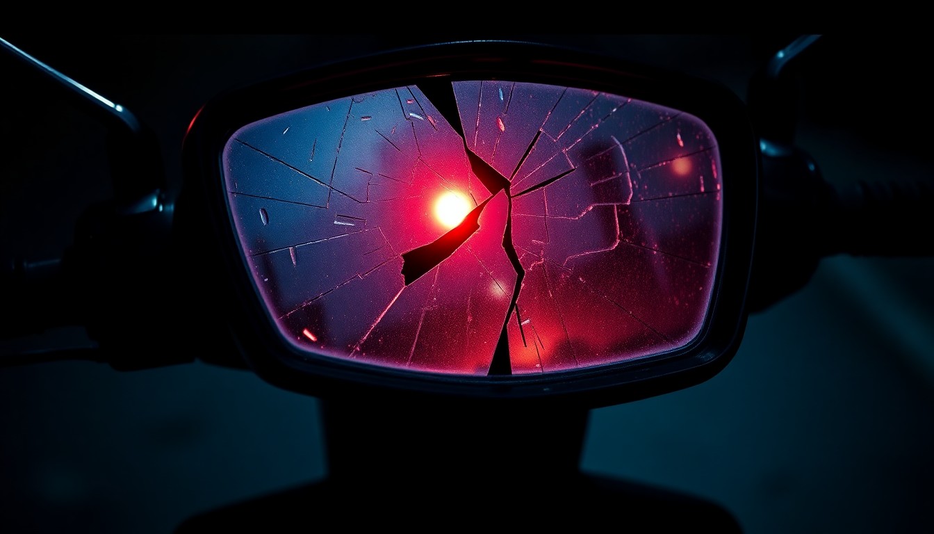 An extreme close-up photograph of a broken scooter mirror reflecting a faint red light, conceptually representing the aftermath of a violent crime.