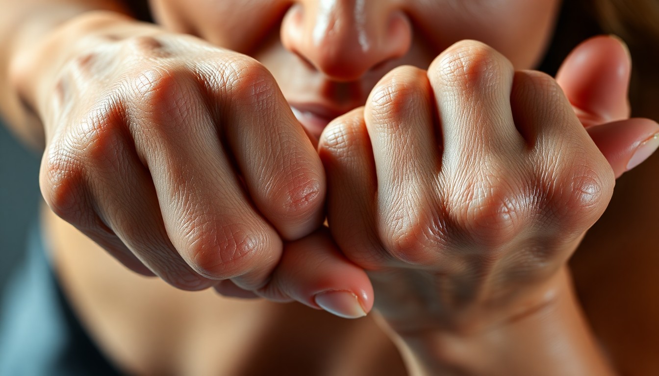 An extreme close-up of Valerie Bertinelli's hands, highlighting the intricate textures and imperfections of her skin in a dramatic, high-contrast studio lighting setup that creates a glamorous, high-fashion aesthetic.