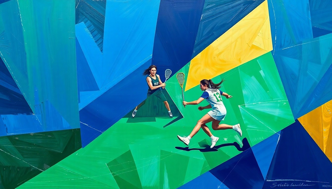 A fractured, cubist-style painting depicting the dynamic action of a women's lacrosse game, with overlapping geometric shapes in shades of navy, green, and gold conveying the intensity and energy of the competition.