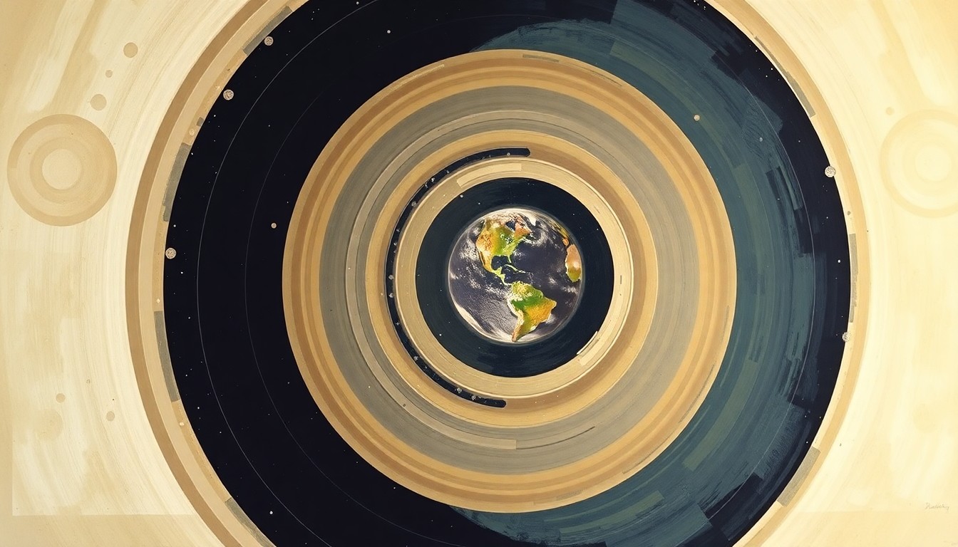 A bold, abstract painting in the style of Hilma af Klint, featuring sweeping geometric arcs, concentric circles, and precise spirals in earthy tones, conceptually representing the coordinated efforts of the USS John P. Murtha and NASA teams in the recovery of the Orion spacecraft.