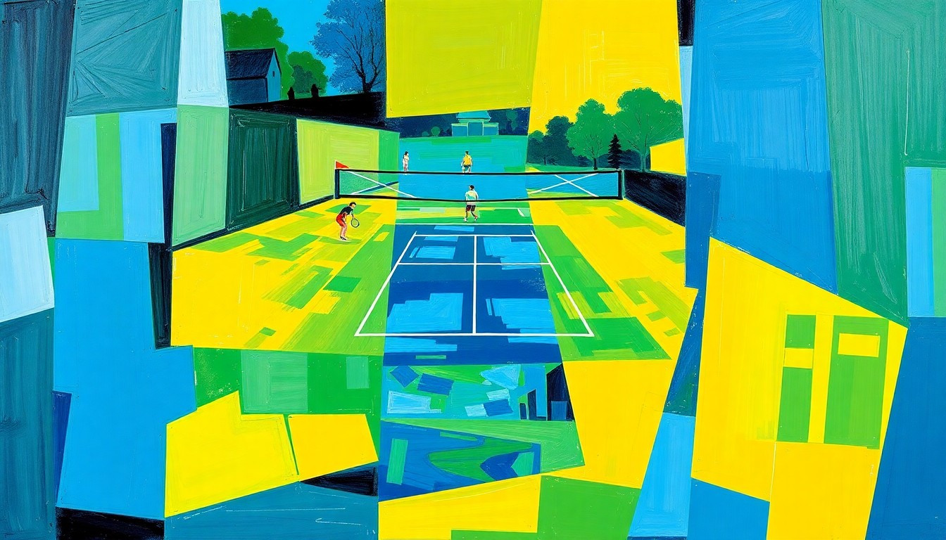 A cubist-style painting featuring sharp, overlapping geometric shapes in shades of blue, green, and yellow, conceptually representing the fast-paced action and competitive energy of a college tennis match.