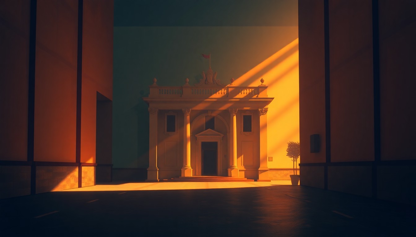 A serene, photorealistic painting of a solitary Lebanese government building or political office space, with warm sunlight streaming through the windows and deep shadows cast across the facade, conveying a sense of quiet contemplation and the weight of political uncertainty.