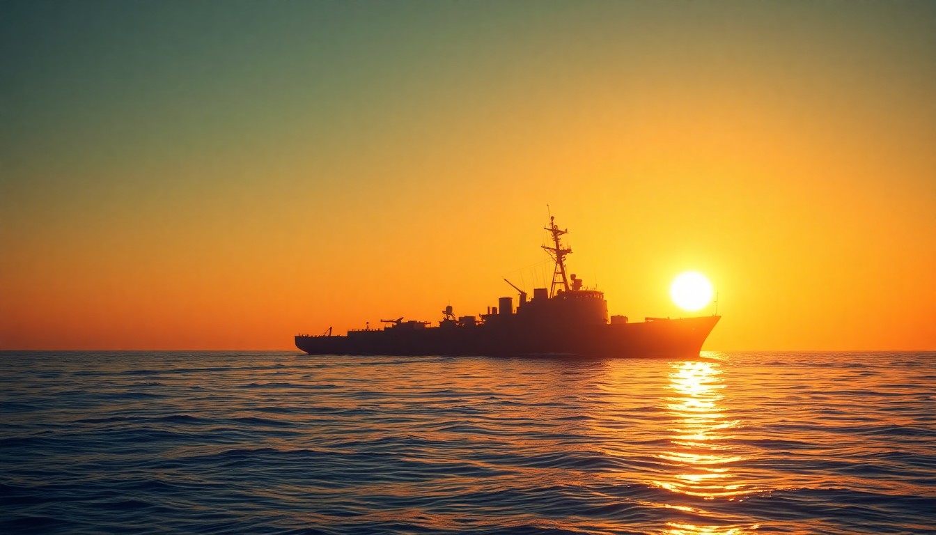 A serene, photorealistic painting of a US Navy minesweeper ship silhouetted against an orange sunset sky, with the ship's wake and the surrounding waters reflected in the calm waters of the strait.