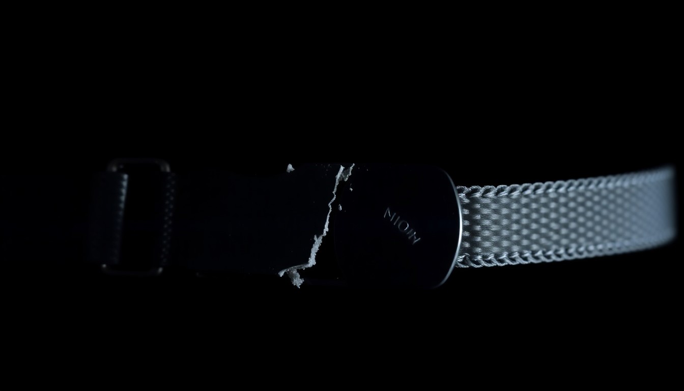 An extreme close-up photograph of a broken wolf tracking collar or collar tag, lit by a harsh camera flash against a pitch-black background, conceptually illustrating the mistreatment of a vulnerable wild animal.