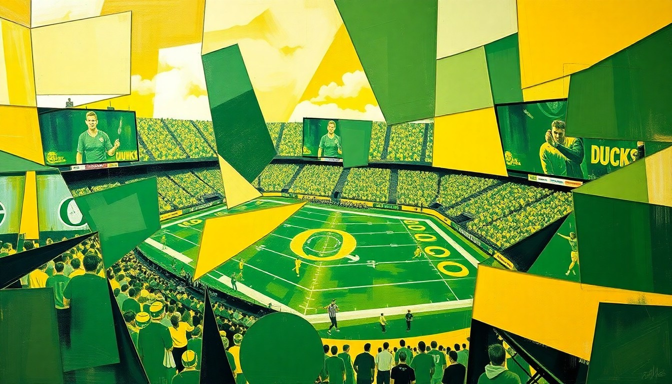 A cubist, geometric painting depicting fragmented, overlapping shapes and planes in shades of green and yellow, representing the dynamic action of a football game.