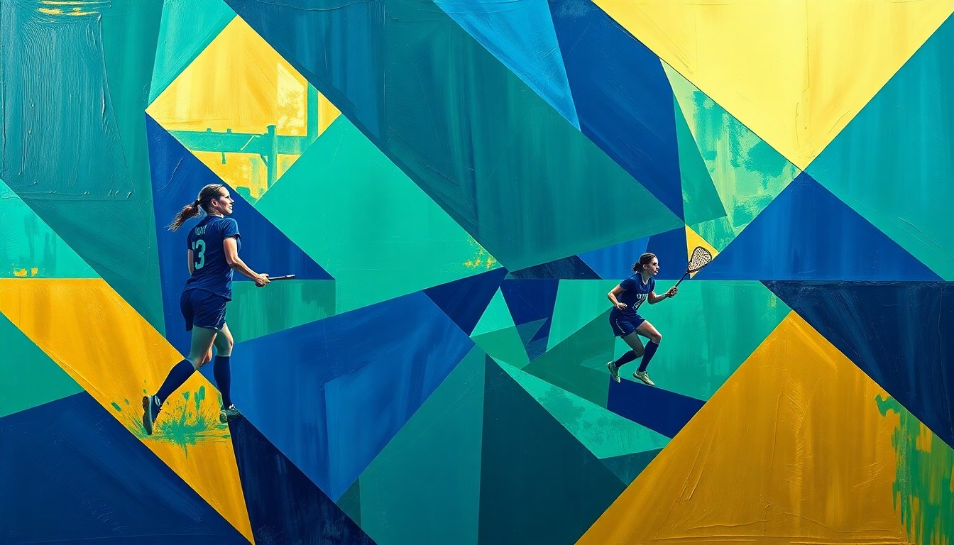 A cubist, geometric painting depicting the dynamic action of a women's lacrosse game, with overlapping planes of navy, green, and gold representing the players, ball, and field.