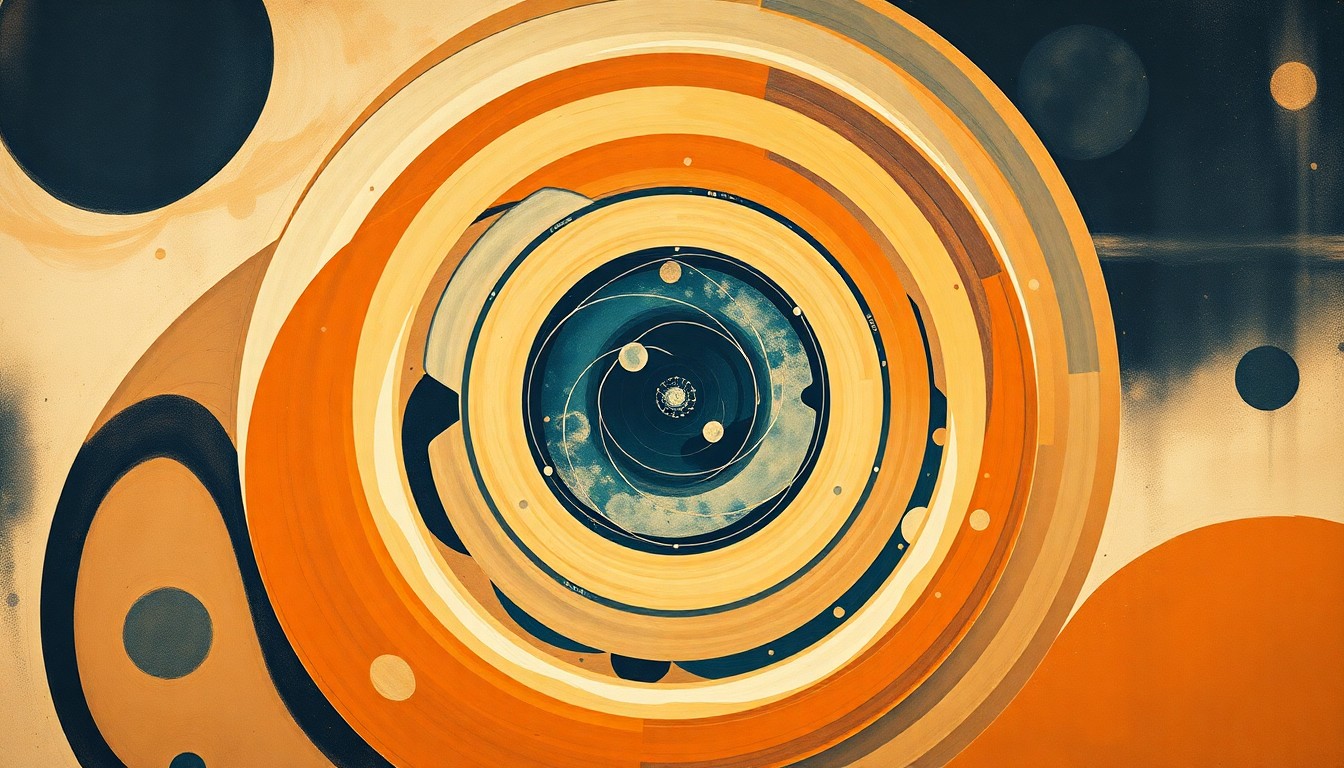 A highly structured abstract painting in earthy tones, featuring sweeping geometric arcs, concentric planetary circles, and precise botanical spirals, conceptually representing the complex forces and concepts of the Artemis II moon mission.